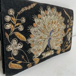 Vintage Mid-Century Modern Zadozi Embroidered Velvet Peacock Clutch Made India